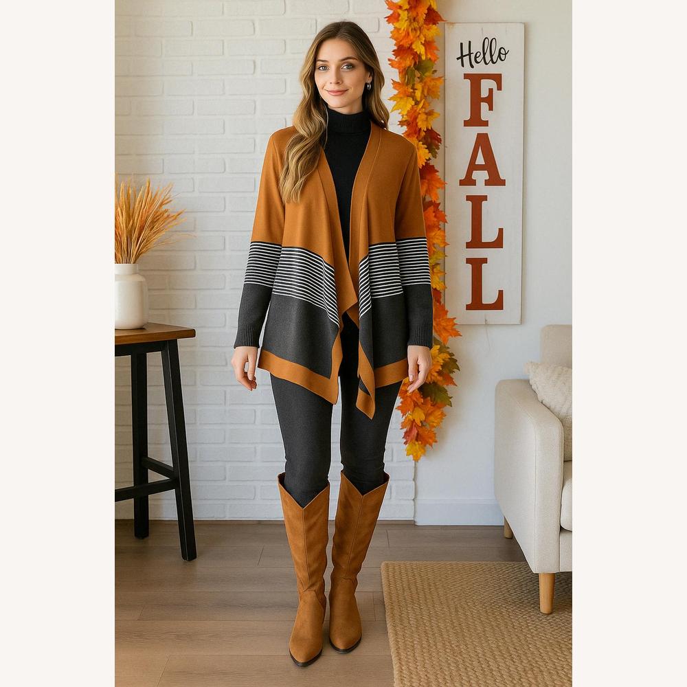 Cardigan rayé bicolore pour femme – Ouverture fluide, mi-cuisse, confortable et décontracté, orange et noir
