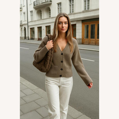Gilet sans manches pour femme taupe en maille côtelée avec col en V et poches pratiques - Élégant et confortable