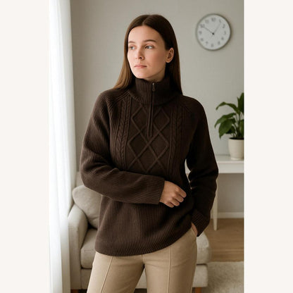 Pull tricoté torsadé à fermeture éclair pour femme – Confort et élégance, col montant, coupe décontractée, coton et acrylique