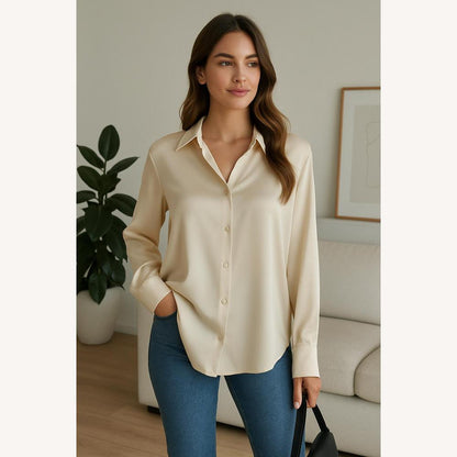 Blouse élégante pour femme en satin de soie blanche à manches longues et col classique - Chemisier chic pour toutes les occasions