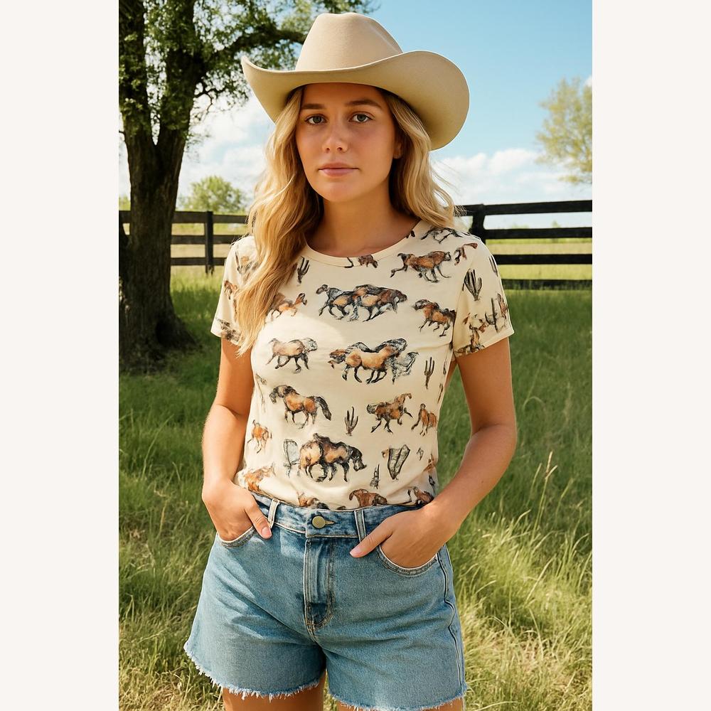 T-shirt beige pour femme à motifs western avec chevaux et cactus – Coton extensible, coupe classique, manches courtes