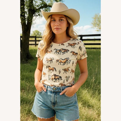 T-shirt beige pour femme à motifs western avec chevaux et cactus – Coton extensible, coupe classique, manches courtes