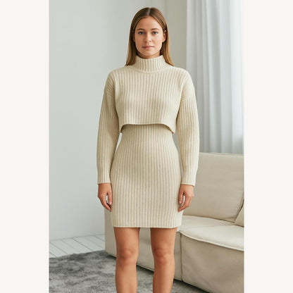Ribbed Beige Women's Sweater Dress, Soft and Fitted Knit, Two-Piece Effect, Turtleneck, Long Sleeves, Size S to XL