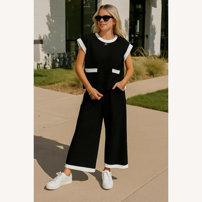 Ensemble deux pièces pour femme noir avec haut ample et pantalon à jambes larges – Détails contrastants blancs