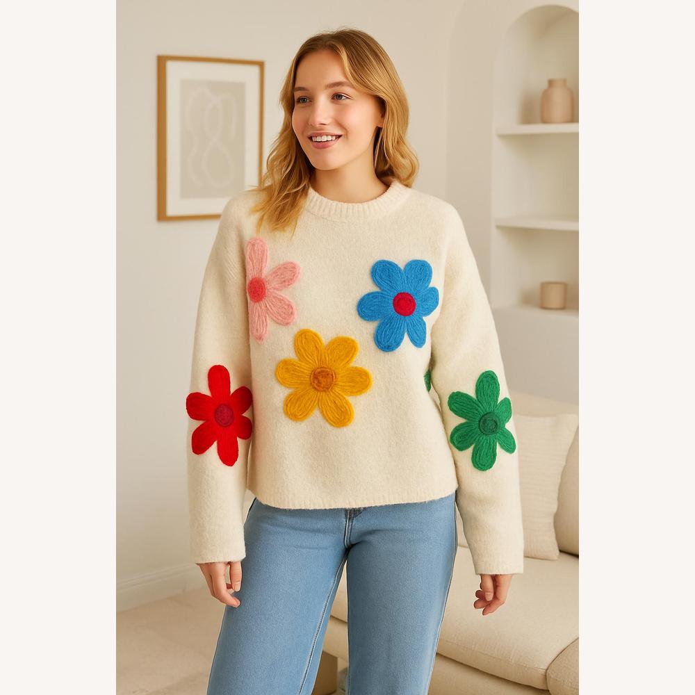 Pull ample pour femme avec fleurs brodées en maille douce – Confort et style décontracté