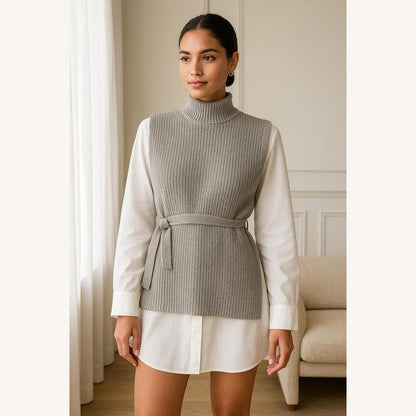 Pull sans manches à col roulé en tricot côtelé pour femme – Élégant et chaud, idéal pour superposer