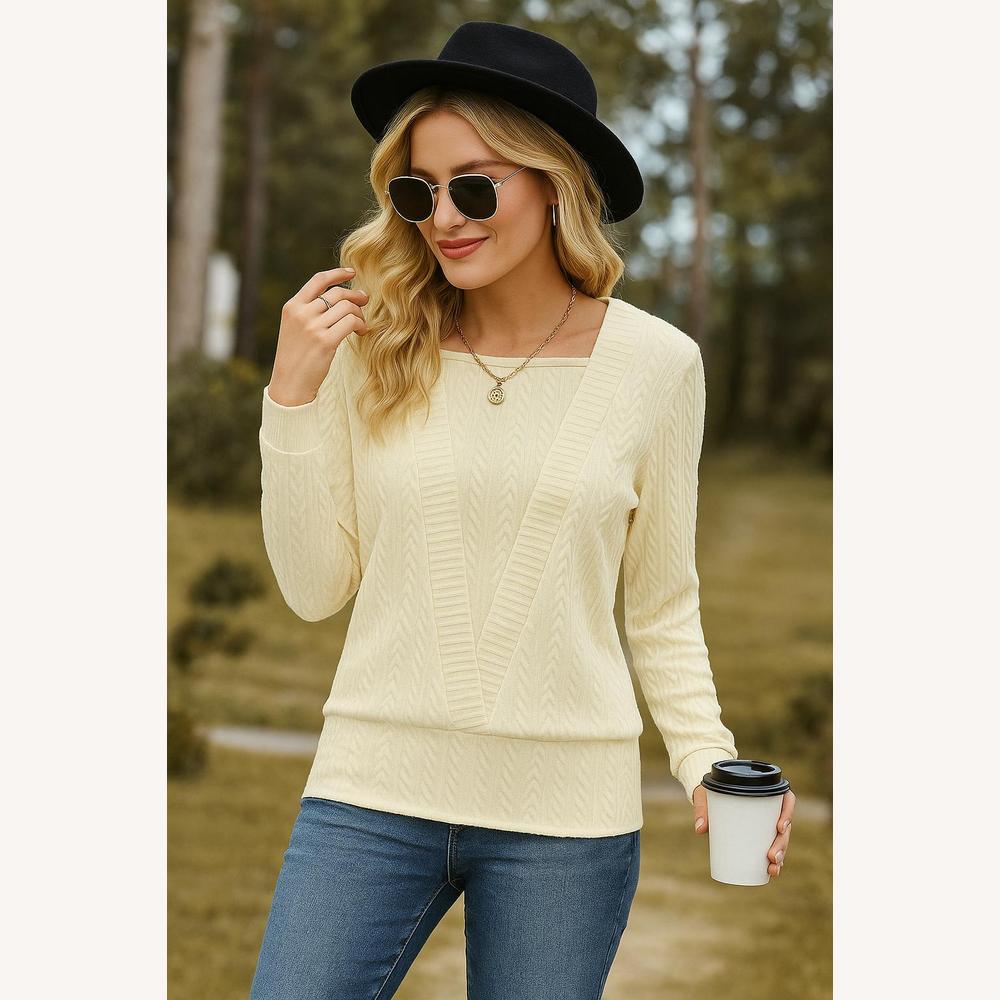 Pull en maille texturée pour femme avec encolure carrée et manches longues – Élégant et confortable pour un style décontracté