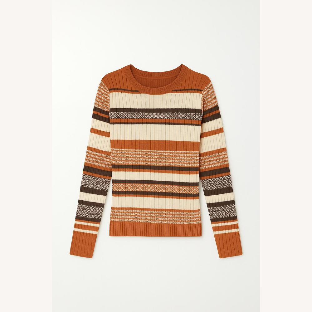 Pull côtelé rayé pour femme, doux et extensible – col rond, manches longues, idéal pour l'automne et l'hiver
