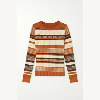 Pull côtelé rayé pour femme, doux et extensible – col rond, manches longues, idéal pour l'automne et l'hiver