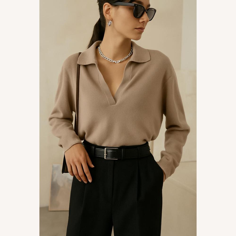 Pull doux en maille pour femme avec col polo et encolure en V – Coupe ample et élégante, idéal pour toutes les occasions