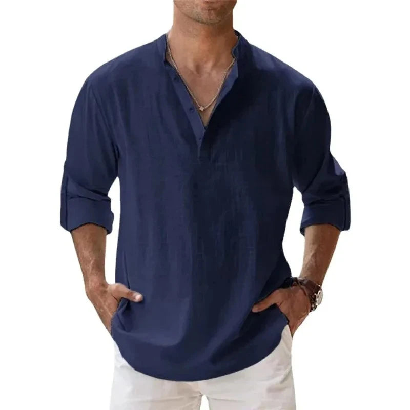 Chemise Henley légère à manches longues pour homme – Coton et lin respirants