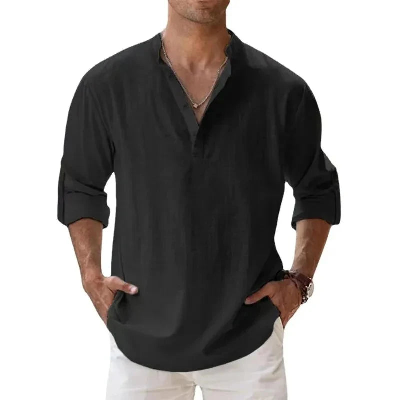 Chemise Henley légère à manches longues pour homme – Coton et lin respirants