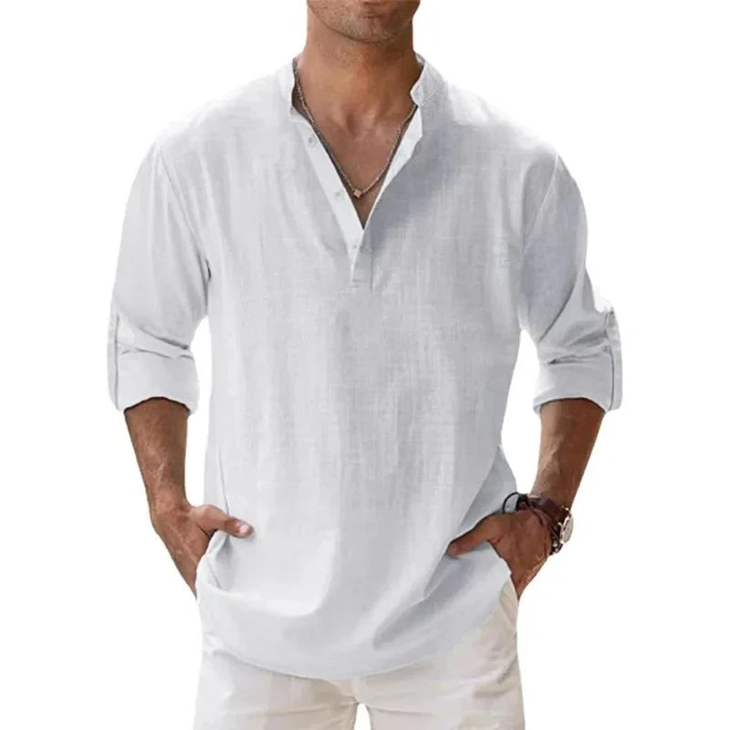 Chemise Henley légère à manches longues pour homme – Coton et lin respirants
