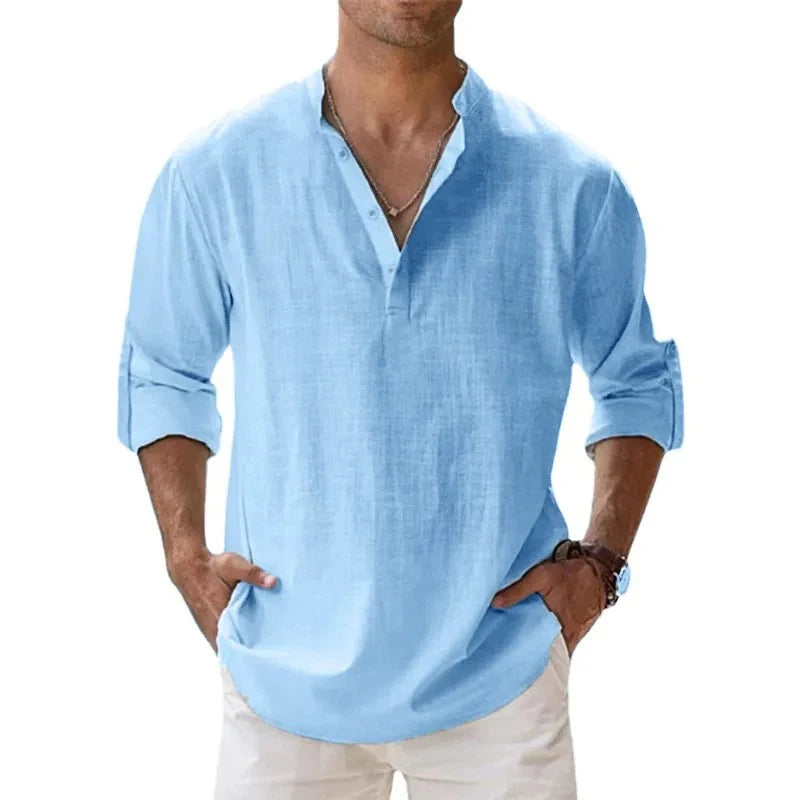 Chemise Henley légère à manches longues pour homme – Coton et lin respirants