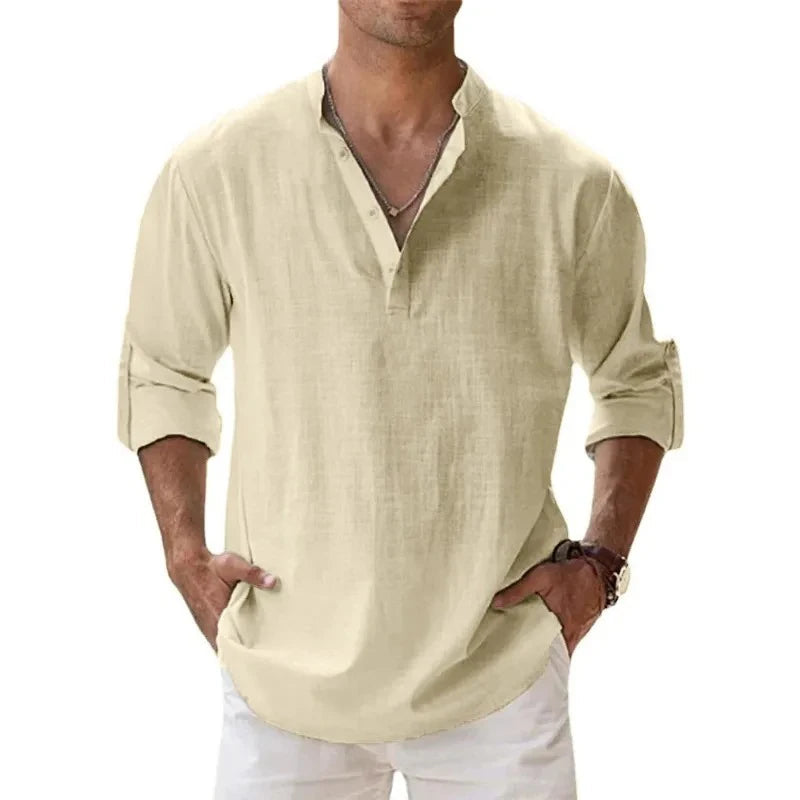 Chemise Henley légère à manches longues pour homme – Coton et lin respirants