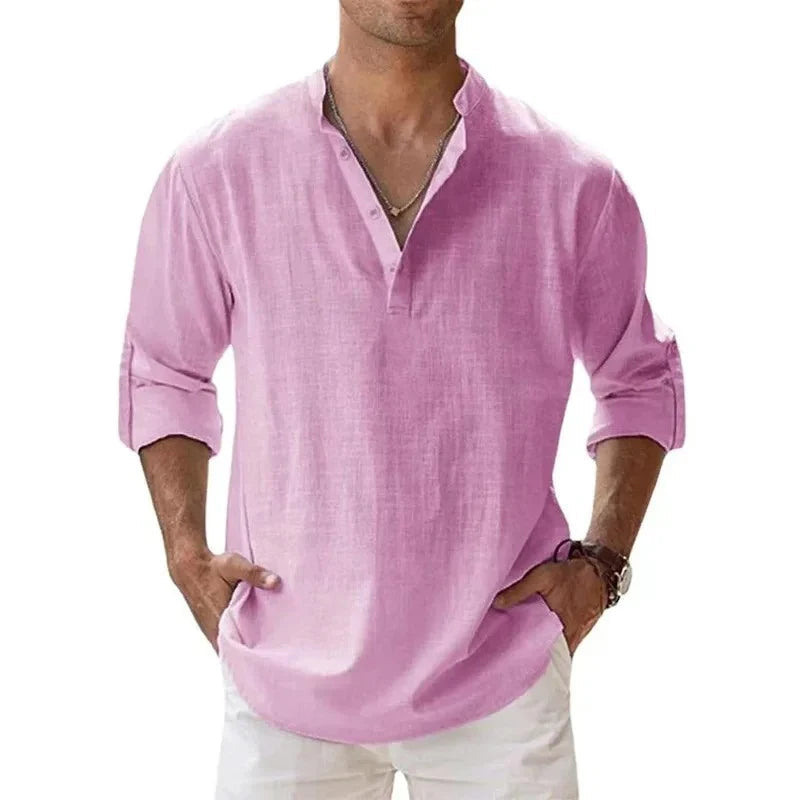 Chemise Henley légère à manches longues pour homme – Coton et lin respirants