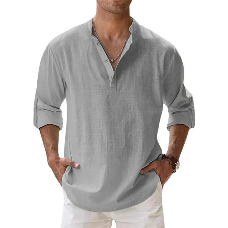 Chemise Henley légère à manches longues pour homme – Coton et lin respirants