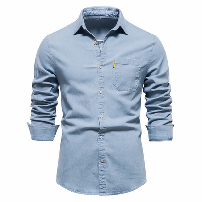 Chemise ajustée en denim de coton pour homme – Manches longues, polyvalente pour tenue décontractée et habillée