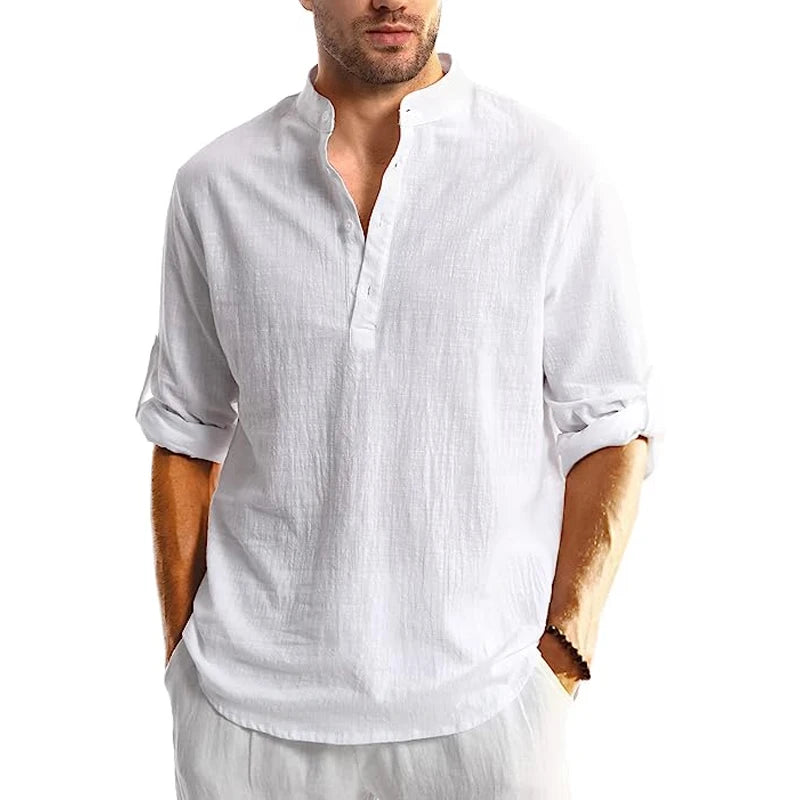 Chemise en lin à manches longues pour homme - Décontractée et respirante pour l'été
