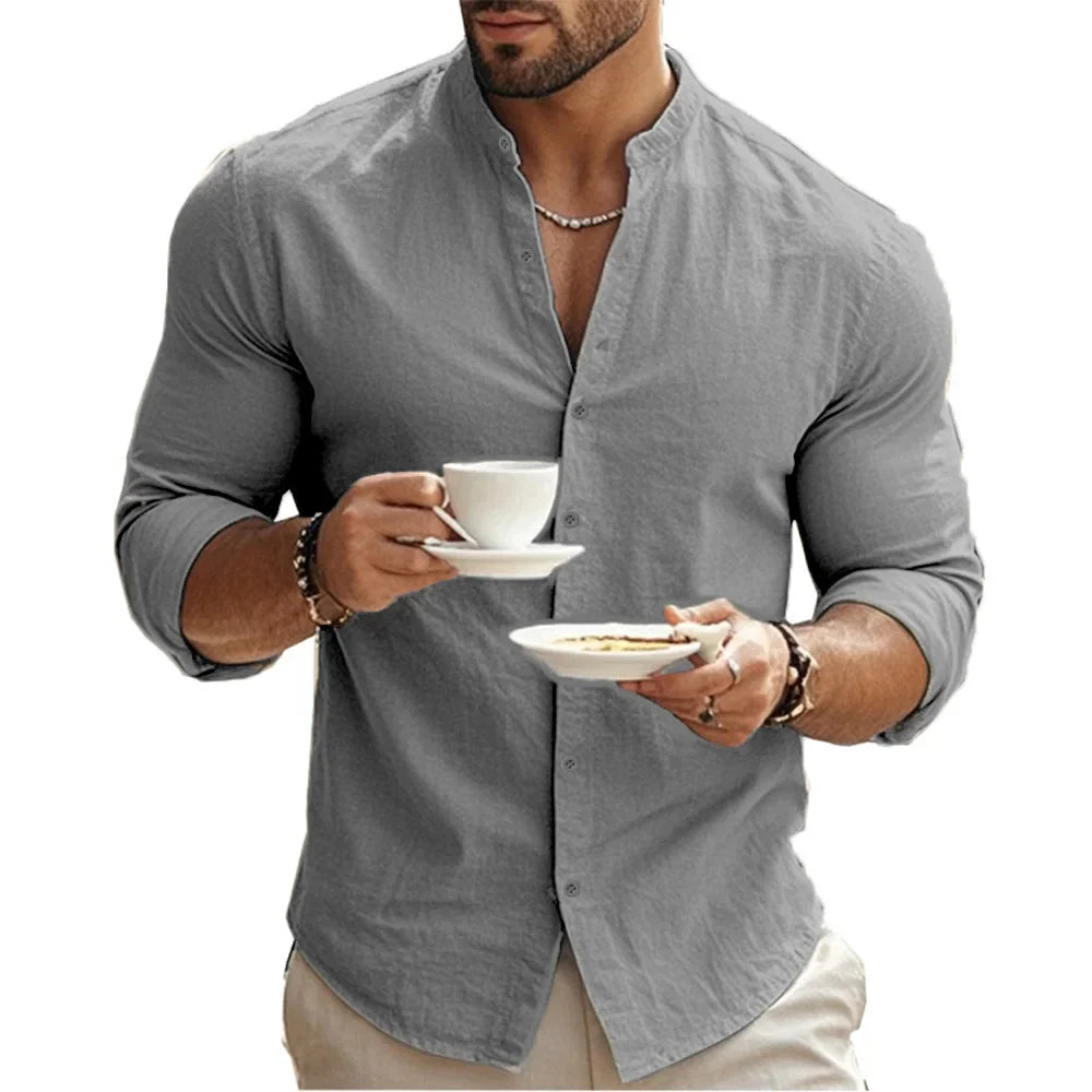 Chemise pour homme en coton léger et lin, coupe ajustée, style décontracté et formel