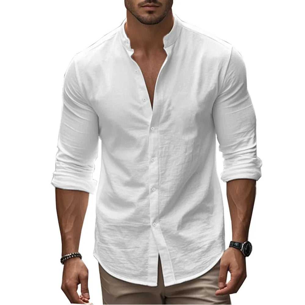 Chemise pour homme en coton léger et lin, coupe ajustée, style décontracté et formel