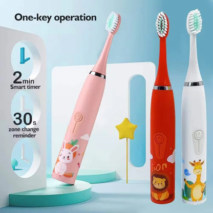 Brosse à dents électrique pour enfants avec 5 têtes de rechange – Motif dessin animé, nettoyage ultrasonique, étanche IPX7