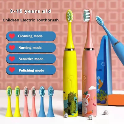 Brosse à dents électrique pour enfants avec 5 têtes de rechange – Motif dessin animé, nettoyage ultrasonique, étanche IPX7