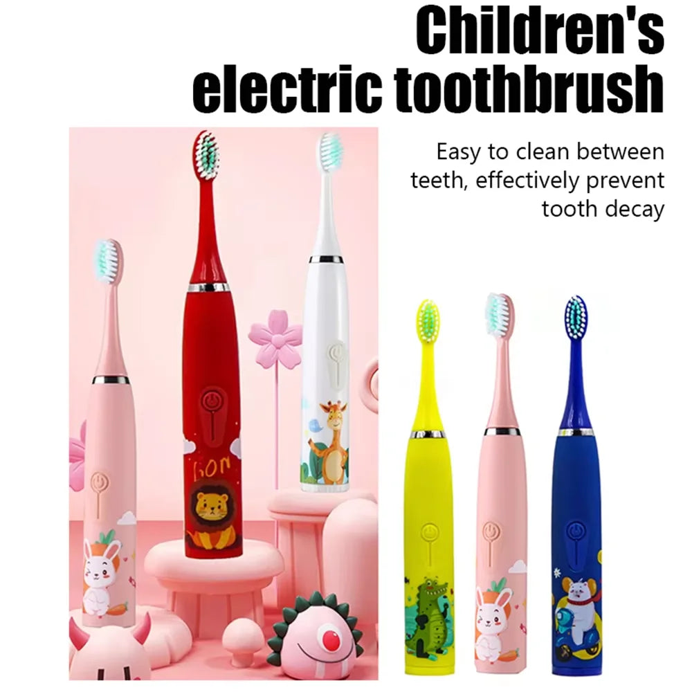 Brosse à dents électrique pour enfants avec 5 têtes de rechange – Motif dessin animé, nettoyage ultrasonique, étanche IPX7
