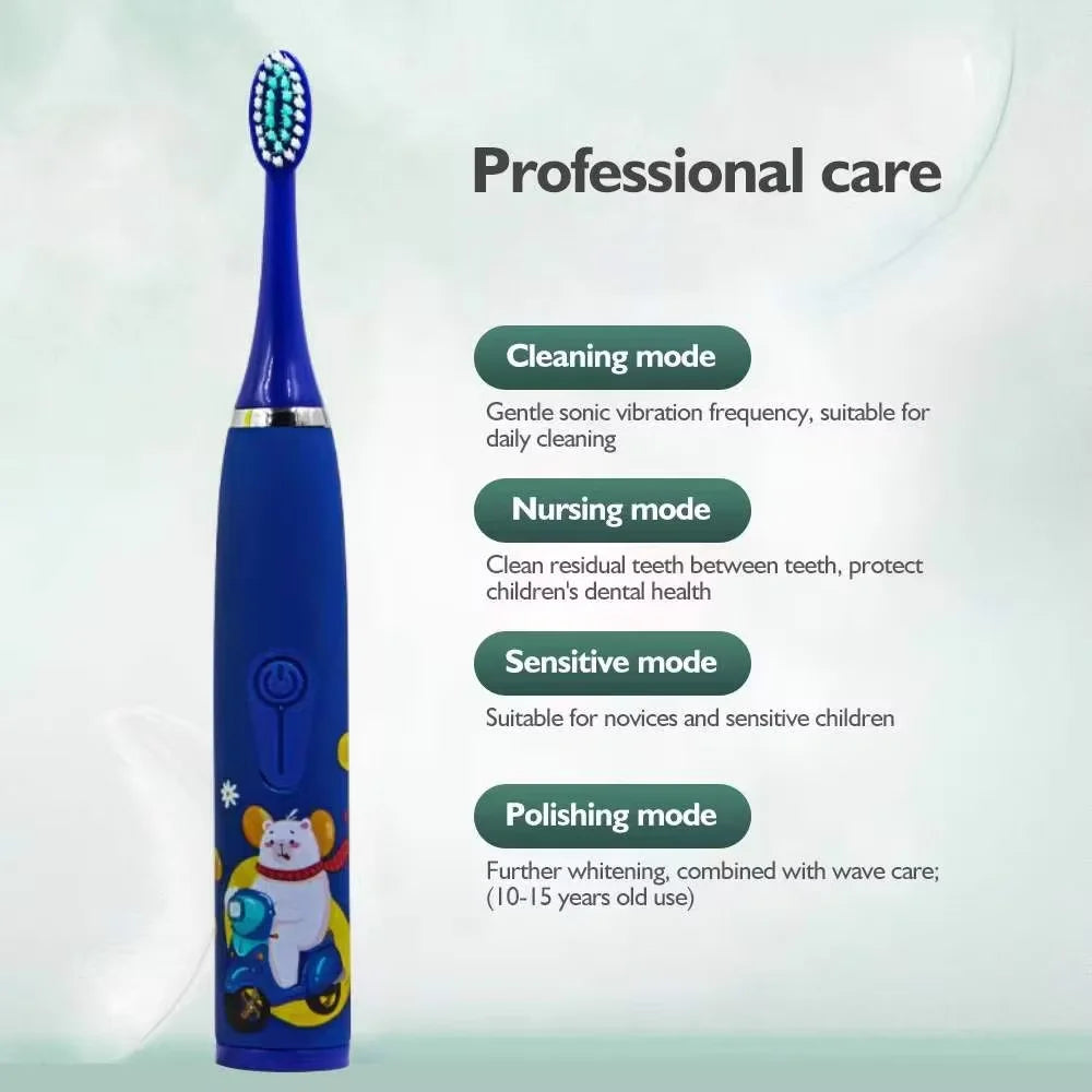 Brosse à dents électrique pour enfants avec 5 têtes de rechange – Motif dessin animé, nettoyage ultrasonique, étanche IPX7