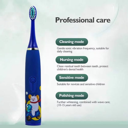 Brosse à dents électrique pour enfants avec 5 têtes de rechange – Motif dessin animé, nettoyage ultrasonique, étanche IPX7