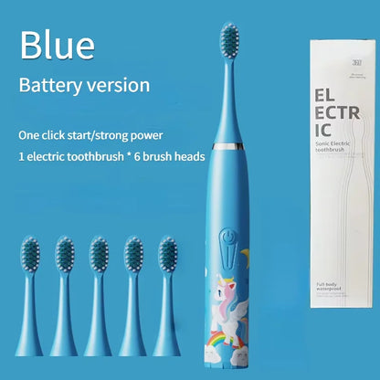 Brosse à dents électrique pour enfants avec 5 têtes de rechange – Motif dessin animé, nettoyage ultrasonique, étanche IPX7