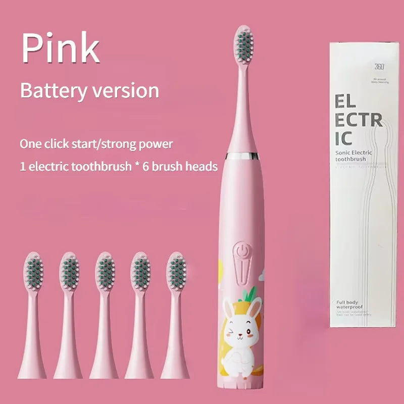 Brosse à dents électrique pour enfants avec 5 têtes de rechange – Motif dessin animé, nettoyage ultrasonique, étanche IPX7