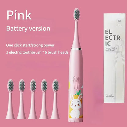 Brosse à dents électrique pour enfants avec 5 têtes de rechange – Motif dessin animé, nettoyage ultrasonique, étanche IPX7