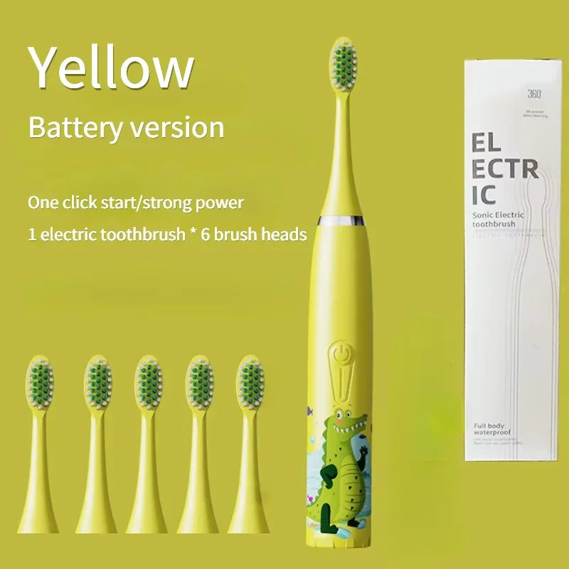 Brosse à dents électrique pour enfants avec 5 têtes de rechange – Motif dessin animé, nettoyage ultrasonique, étanche IPX7