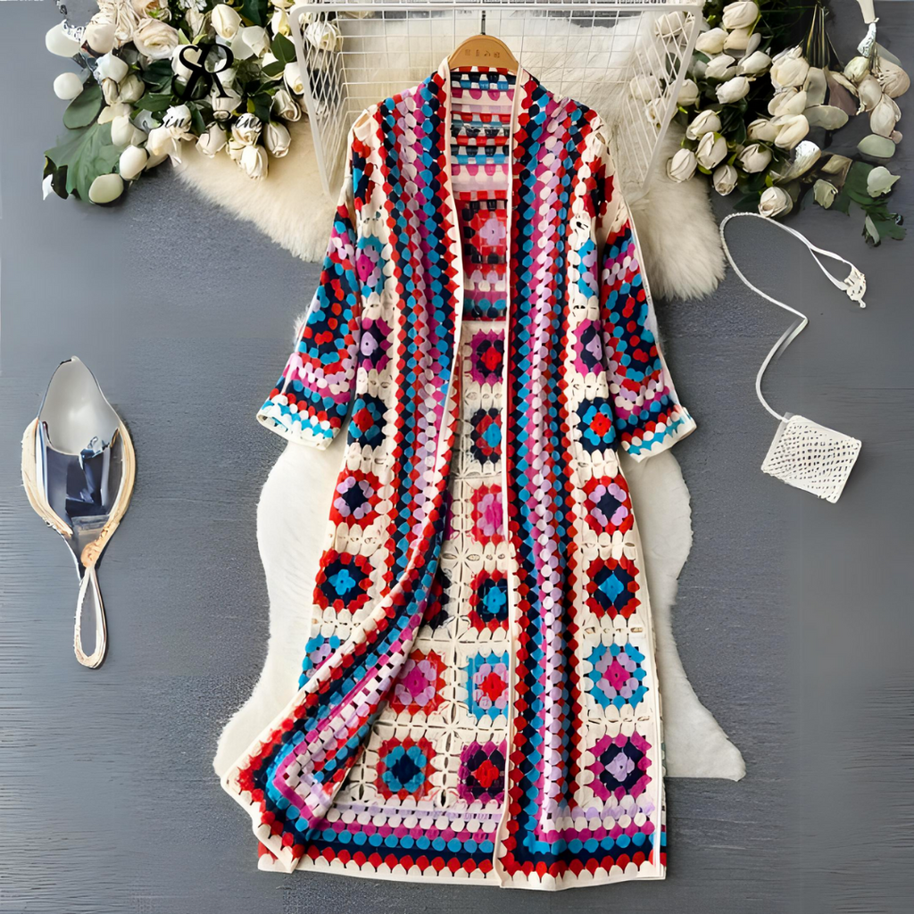 Cardigan Cleo au crochet | Longueur mollet, 100 % coton