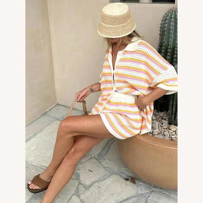 Ensemble décontracté rayé pour femme en tricot avec chemise boutonnée et short élastiqué – Confort léger pour l'été