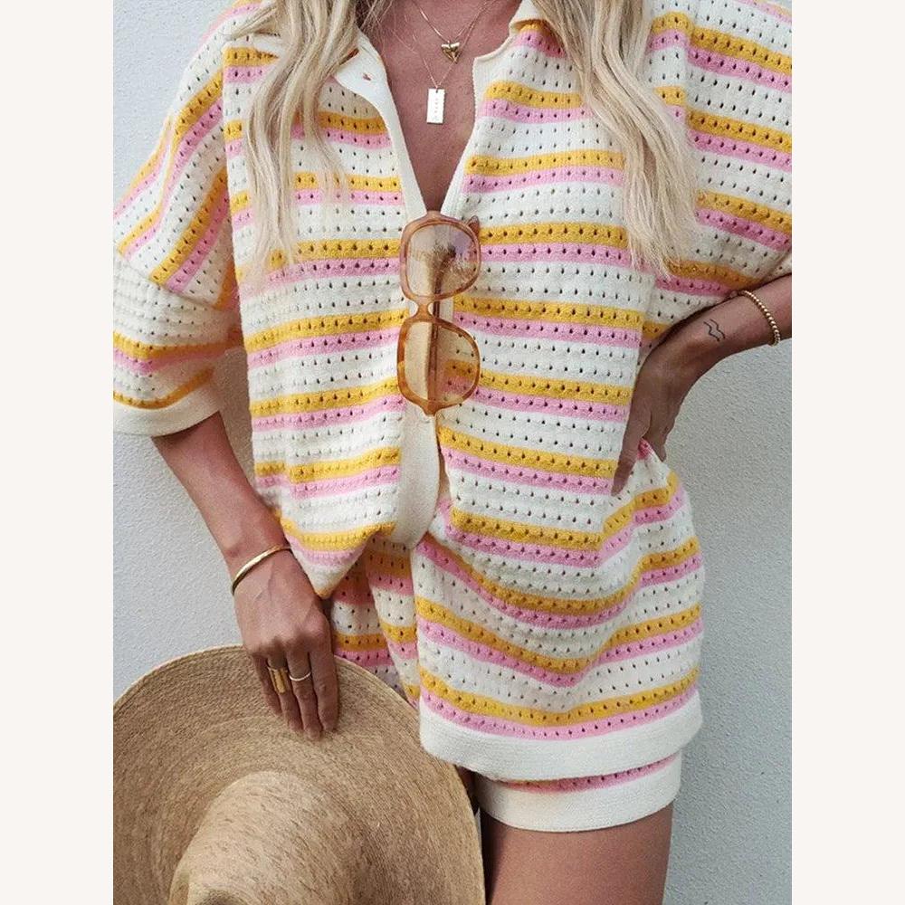 Ensemble décontracté rayé pour femme en tricot avec chemise boutonnée et short élastiqué – Confort léger pour l'été