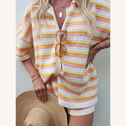Ensemble décontracté rayé pour femme en tricot avec chemise boutonnée et short élastiqué – Confort léger pour l'été