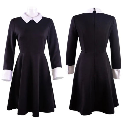 Costume gothique noir pour Halloween 2025 – Robe avec col blanc et silhouette élégante