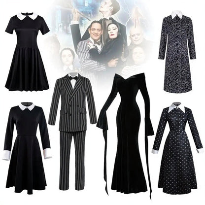 Costume gothique noir pour Halloween 2025 – Robe avec col blanc et silhouette élégante