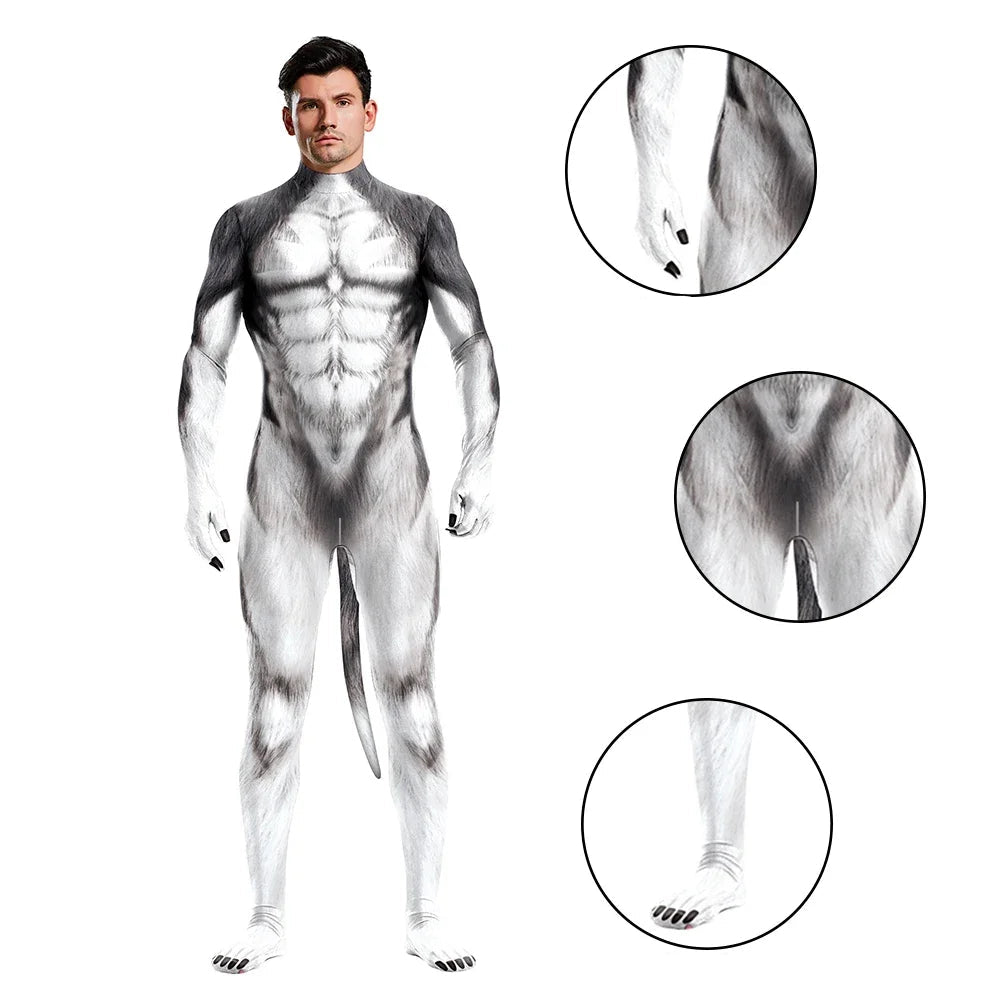 Déguisement unisexe de husky en combinaison intégrale avec queue amovible pour Halloween et jeu de rôle