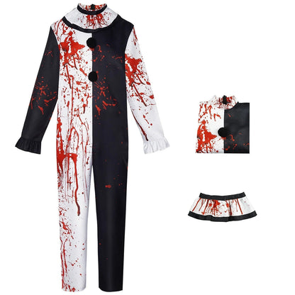 Costume de Clown Sanglant pour Halloween – Combinaison Noire et Blanche Complète avec Détails Sanglants
