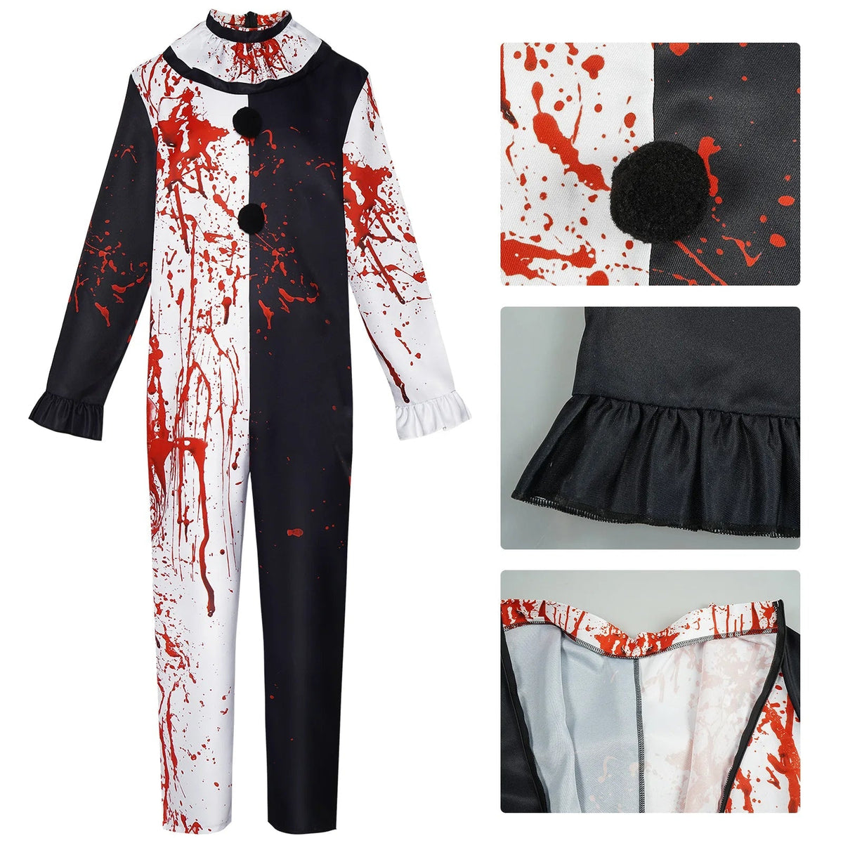 Costume de Clown Sanglant pour Halloween – Combinaison Noire et Blanche Complète avec Détails Sanglants