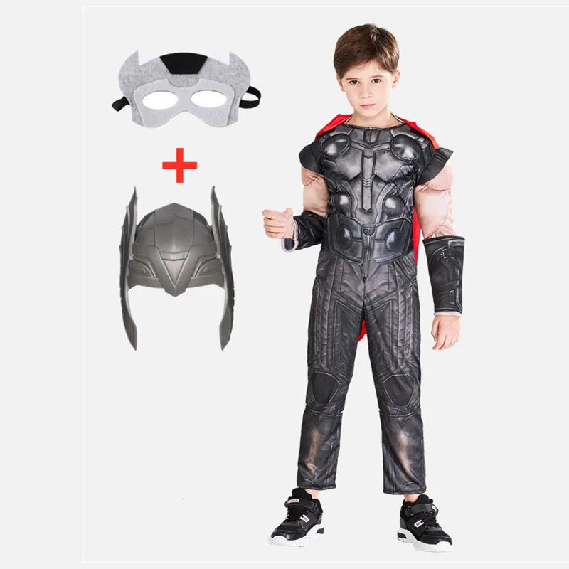 Costume de super-héros Thor Muscle pour enfants avec casque et marteau – Idéal pour Halloween et carnavals