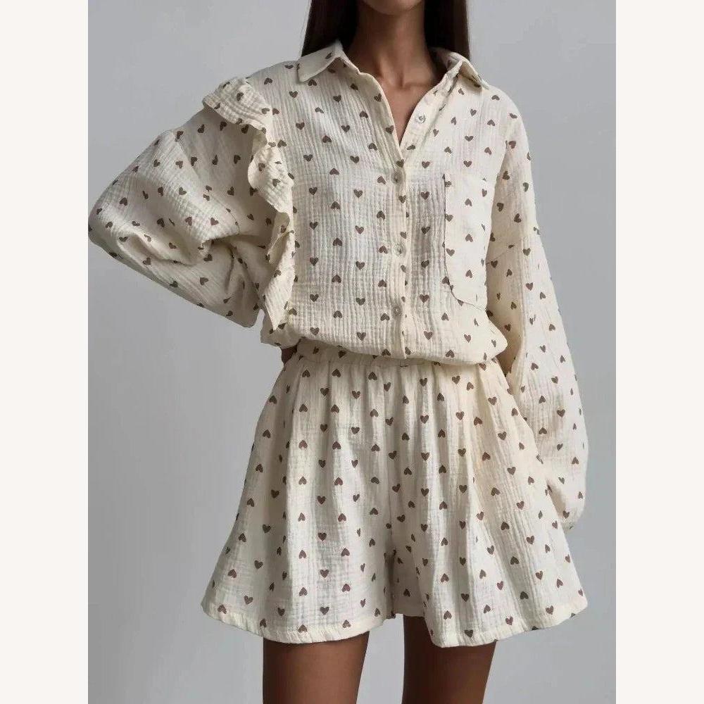 Ensemble féminin à volants avec motif cœur – Blouse longue et short léger fluide, tissu respirant, style élégant et décontracté