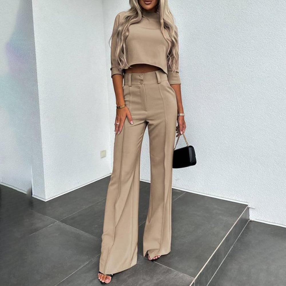 Ensemble féminin chic en deux pièces avec pantalon taille haute et haut court – Élégant et moderne