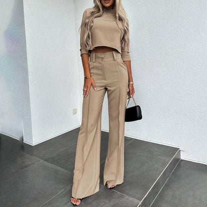 Ensemble féminin chic en deux pièces avec pantalon taille haute et haut court – Élégant et moderne