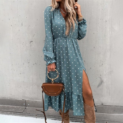 Robe longue de soirée pour femme avec encolure en V et fente – Élégante et fluide pour le dîner et les occasions spéciales