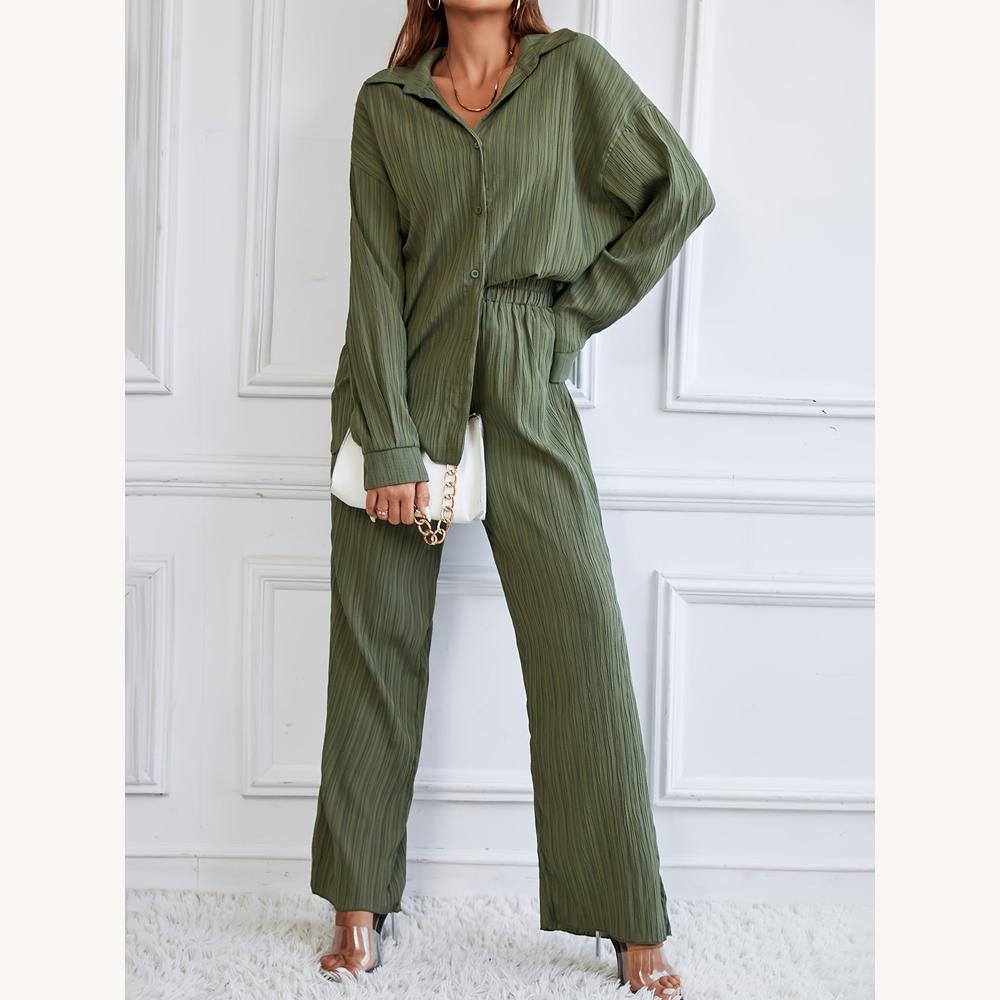 Ensemble tailleur vert pour femme, chemise à manches longues et pantalon à jambes larges, style décontracté et élégant, disponible du S au XL