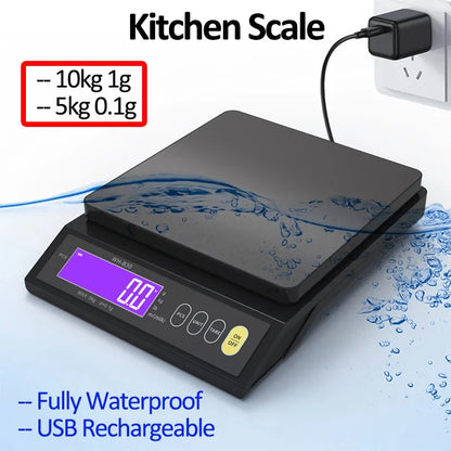 Balance de cuisine numérique – Outil de pesée étanche en acier inoxydable avec affichage à cristaux liquides, capacité de 5 kg/0,1 g et 10 kg/1 g